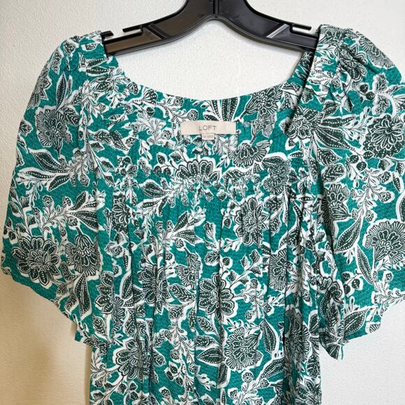 2/$25 Loft Turquoise Blue Floral Smocked Modest Paisley Feminine Blouse Medium - Picture 3 of 11